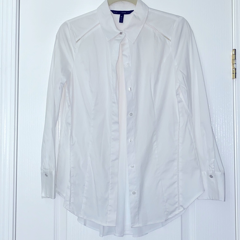 White button down blouse with sheer back